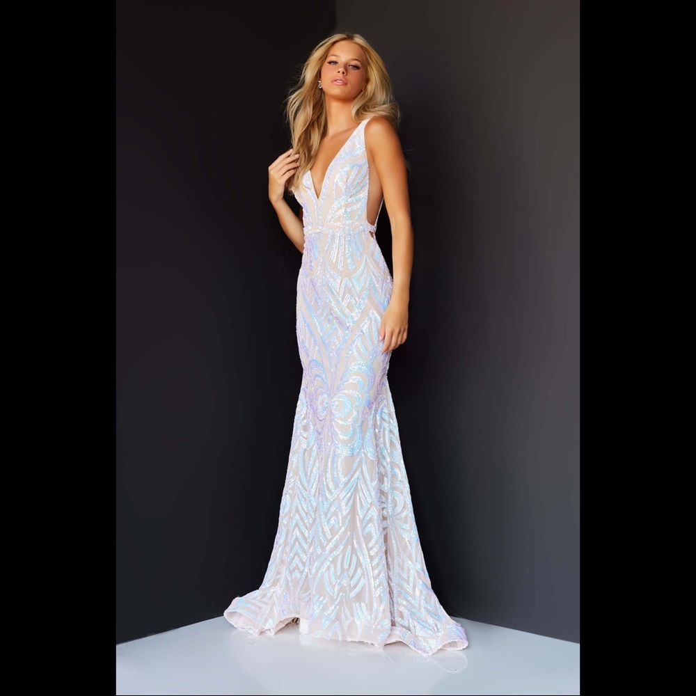 Jovani 02753 Plunging Neck Open Back Sequin Embellished Mermaid Gown